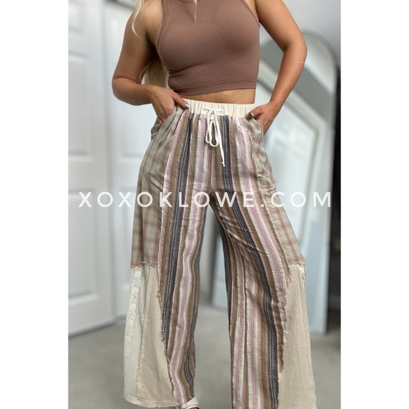 POL Cream Tan Plaid + Stripes Lace Leg Drawstring Pants - Picture 14 of 15